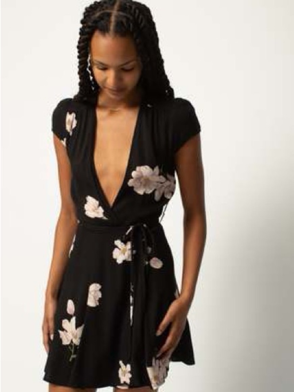 Reformation Black Mini Wrap Dress with Pink Floral Print